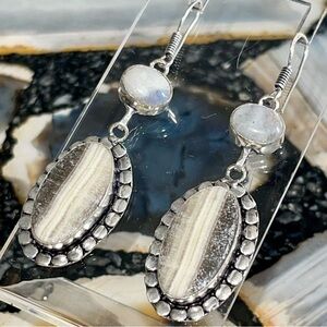 Phantom Zebra Calcite & Rainbow Moonstone Earrings 2 1/2”